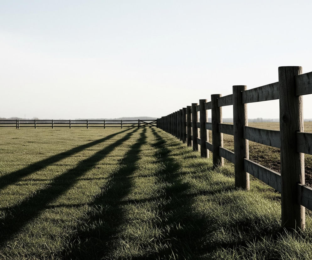 Drewniane ogrodzenie ciągnie się przez całe zdjęcie, oddzielając zielone pole po lewej od lekko zaoranego terenu po prawej stronie. Ogrodzenie składa się z pionowych słupków i dwóch poziomych desek, rzucając długie, równoległe cienie na soczystą, zieloną trawę po lewej stronie. W tle, na horyzoncie, widać linię bezlistnych drzew pod jasnym, jednolitym niebem.