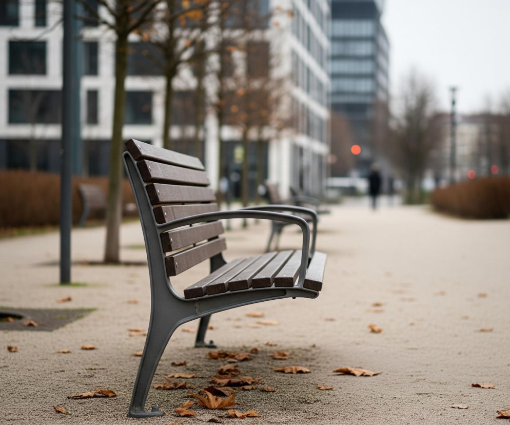 Na pierwszym planie, z prawej strony, znajduje się pusta ławka z brązowymi, drewnianymi deskami i szarą, metalową konstrukcją, ustawiona bokiem do widza. Wokół ławki i na szarym chodniku leżą pojedyncze, suche liście w odcieniach brązu i pomarańczu. W tle rozciąga się miejski pejzaż z wysokimi budynkami, kilkoma drzewami bez liści i krzewami wzdłuż chodnika, a w oddali widać niewyraźną postać idącego człowieka.