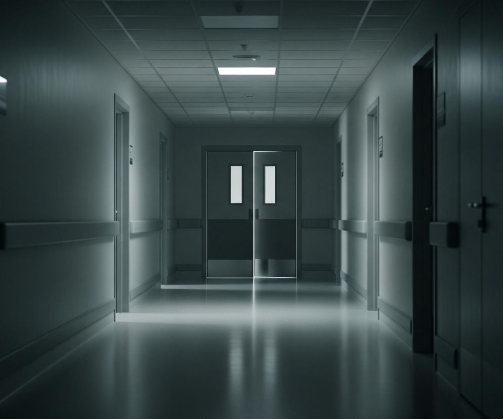 Długi, prosty korytarz rozciąga się w głąb obrazu, charakteryzujący się symetrycznym układem. Ściany są jasnoszare z poziomymi listwami, a na suficie znajdują się prostokątne panele z jednym świecącym prostokątnym światłem umieszczonym centralnie. Na końcu korytarza widoczne są lekko uchylone podwójne drzwi, przez które wydobywa się jasne światło, tworząc odblask na podłodze. Po obu stronach korytarza widoczne są kolejne drzwi, niektóre z nich mają prostokątne okienka i tabliczki. Kolorystyka obrazu jest utrzymana w chłodnych, ciemnych odcieniach szarości i błękitu, co tworzy nieco ponurą atmosferę.