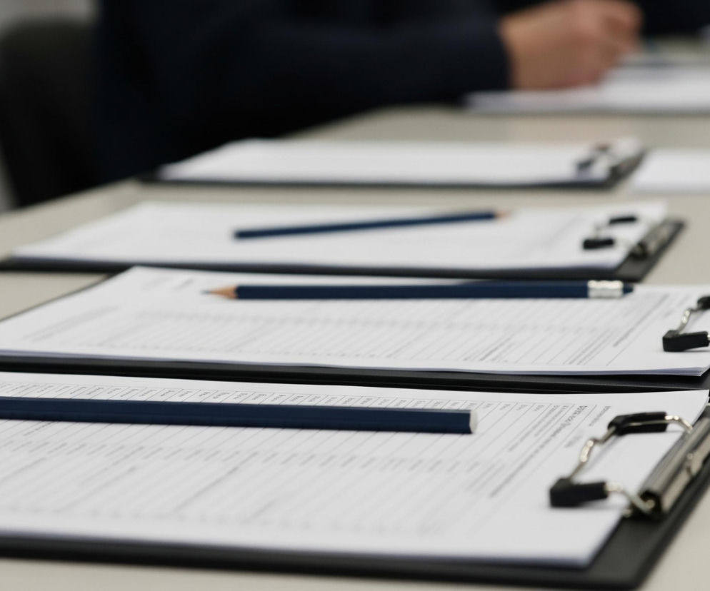 Na jasnoszarym blacie stołu leżą trzy podkładki z czarnymi klipsami, ułożone równolegle do siebie. Na każdej podkładce znajdują się białe kartki papieru z nadrukowanymi liniami i tekstem. Na każdej kartce, leżącej na podkładce, widoczny jest jeden ciemnoniebieski ołówek z zeszlifowanym grafitem. W tle, częściowo rozmyte, widać ciemne sylwetki osób i fragment ciemnego ubrania, sugerujący obecność innych uczestników przy stole.