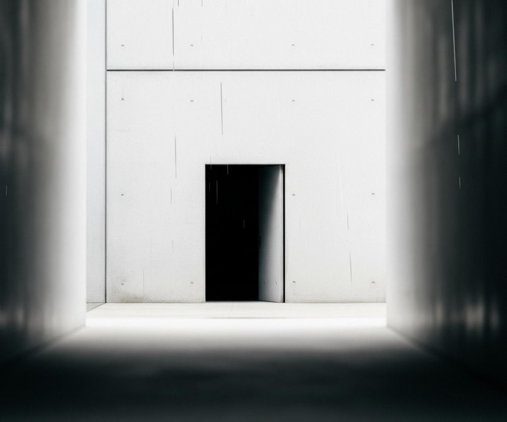 Minimalistyczne wnętrze korytarza lub przejścia, zbudowanego z betonu. W centrum kompozycji znajduje się wysoka, prostokątna, czarna nisza, przypominająca otwarte drzwi lub przejście do ciemnego pomieszczenia. Ściany wokół niszy są jasnoszare, niemal białe, z widocznymi, równomiernie rozmieszczonymi okrągłymi wgłębieniami i poziomymi oraz pionowymi liniami, sugerującymi płyty betonowe. Po bokach widoczne są ciemniejsze, zamazane ściany, które tworzą perspektywiczne zwężenie ku centralnej niszy, a podłoga przed niszą jest jasno oświetlona, stopniowo przechodząc w cień bliżej dolnej krawędzi obrazu.