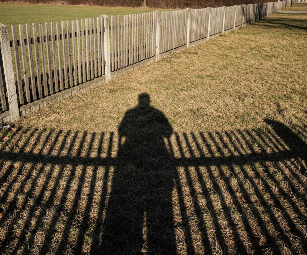 Na pierwszym planie widoczny jest długi, rozciągnięty cień człowieka, skierowany w dół obrazu, leżący na suchej, pożółkłej trawie. Od cienia osoby odchodzą równoległe, ciemne pasy cienia, tworzące regularny wzór na trawniku. Po lewej stronie rozciąga się drewniany płot z pionowych desek i betonowych słupków, oddzielający trawiasty obszar od zielonego pola w tle. W oddali po prawej stronie widać drogę i nieliczne drzewa.