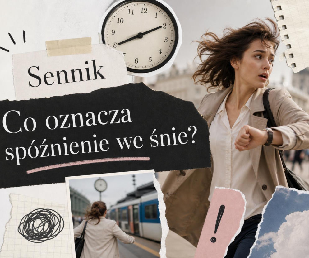 Biegnąca kobieta zerka na zegarek. Na mniejszym zdjęciu pasażerka spóźniona na pociąg. O snach przeczytasz na SE.