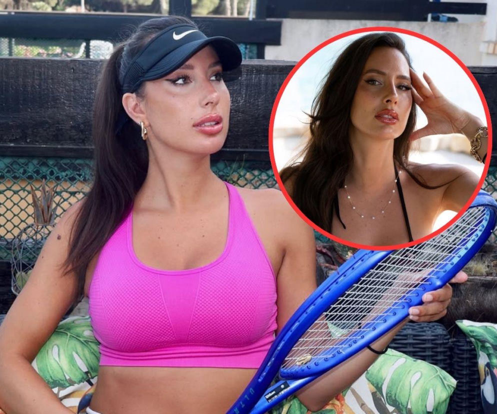 Oceane Dodin w różowym sportowym staniku i czarnym daszku Nike z rakietą tenisową, ze zdjęciem w okręgu, na którym modelka pozuje w bikini, co wskazuje na jej działalność na portalu dla dorosłych, o czym więcej przeczytasz na naszym portalu.