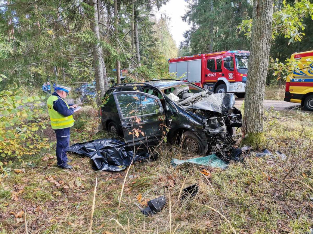 Śmiertelny wypadek między Baniami Mazurskimi i Rapą. Auto uderzyło w drzewo [ZDJĘCIA]