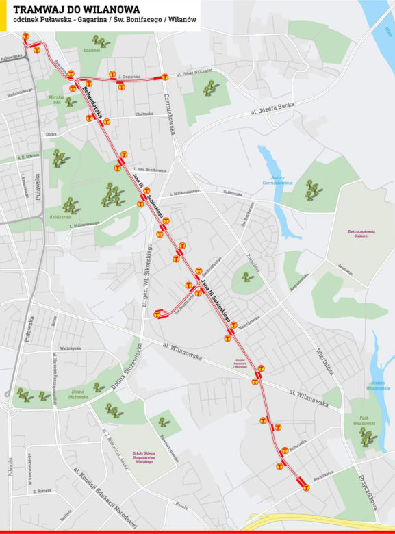 Mapa tramwaju do Wilanowa wraz z odnogami na Gagarina (u góry) i Stegny (w połowie trasy) 