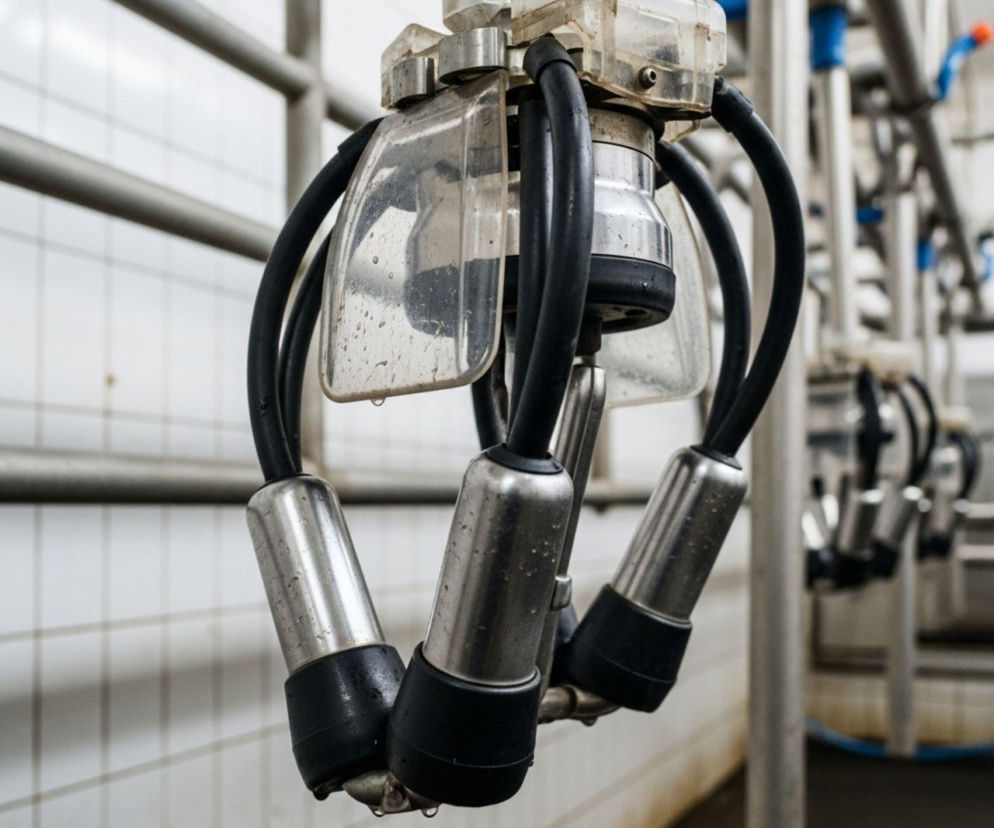 Urządzenie do dojenia krów w nowoczesnej oborze, składające się z metalowych kubków udojowych i przezroczystego kolektora. Widoczne krople wody na elementach wskazują na higienę, kluczową w walce z mastitis, o czym przeczytasz na portalu Super Biznes.