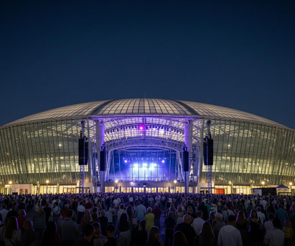 Duży, szklany budynek o owalnym kształcie, przypominający stadion lub halę koncertową, dominuje w centrum obrazu, otoczony przez tłum ludzi zgromadzonych na zewnątrz. Konstrukcja posiada przezroczysty, kopułowy dach z widocznym rusztem, a w jej wnętrzu, na dole, widoczna jest scena oświetlona fioletowo-niebieskim światłem. Pod sceną rozciąga się morze sylwetek widzów, gęsto stojących i skierowanych w stronę sceny, tworząc wrażenie koncertu lub wydarzenia masowego. Niebo jest ciemnogranatowe, wskazując na porę wieczorową lub nocną, a światła z budynku oraz pojedyncze latarnie oświetlają otoczenie.