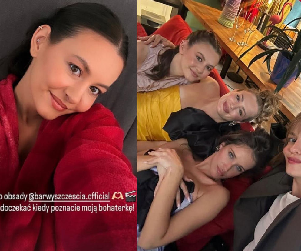 Kinga Dąbrowska w czerwonym szlafroku i jej koleżanki: Michalina Robakiewicz, Wiktoria Gąsiewska i Natalia Sierzputowska pozują uśmiechnięte. Aktorka Kinga Dąbrowska dołącza do obsady serialu Barwy szczęścia, co potwierdza zdjęcie na Super Seriale.