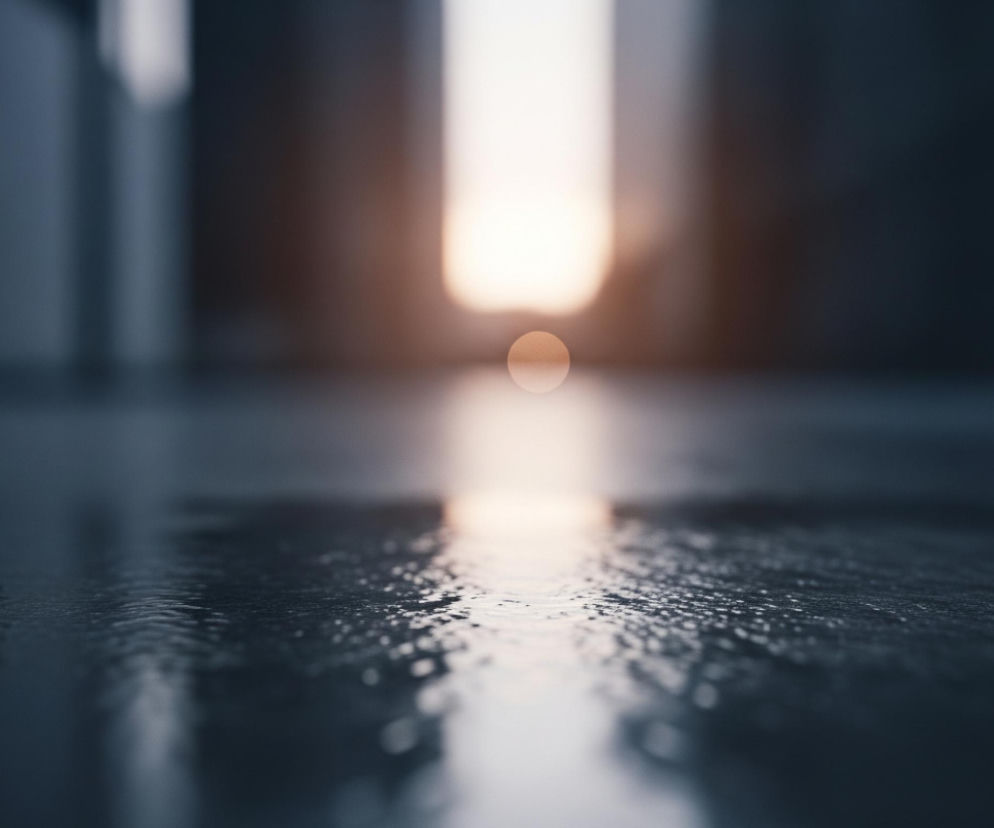 Na pierwszym planie widoczna jest ciemna, mokra powierzchnia, prawdopodobnie podłoga, z licznymi drobnymi kroplami wody odbijającymi światło. Powierzchnia ta jest w centrum uwagi i rozciąga się od dołu obrazu, tworząc odblaski jasnego światła. W tle widoczny jest długi, wąski pas jasnego światła w odcieniach bieli i pomarańczy, który rozciąga się pionowo, wyglądając jak odległe wyjście lub okno. Pozostała część tła jest rozmyta i utrzymana w ciemnych, niebieskawo-szarych tonach, z zarysami niewyraźnych pionowych struktur po bokach.
