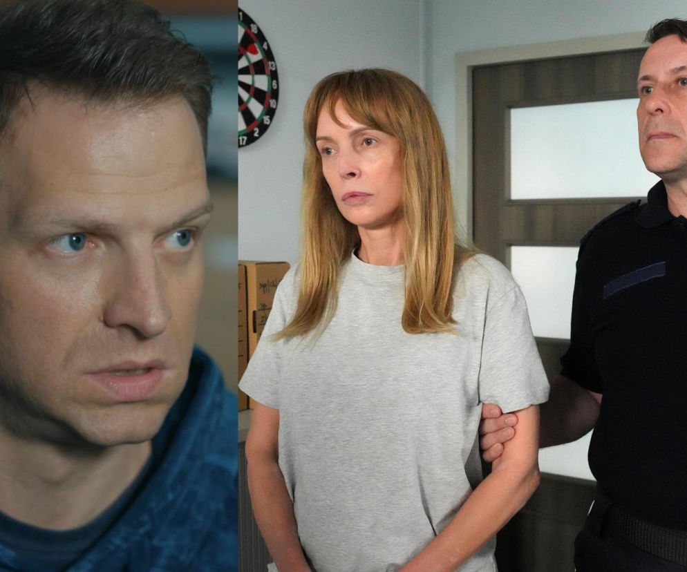 Mężczyzna w niebieskiej bluzie z kapturem, z zaciętą miną, patrzący w bok. Obok kobieta o długich, jasnych włosach w szarej koszulce, prowadzona przez policjanta w mundurze z napisem POLICJA. Scena z serialu Barwy szczęścia, której szczegóły znajdziesz na Super Seriale.