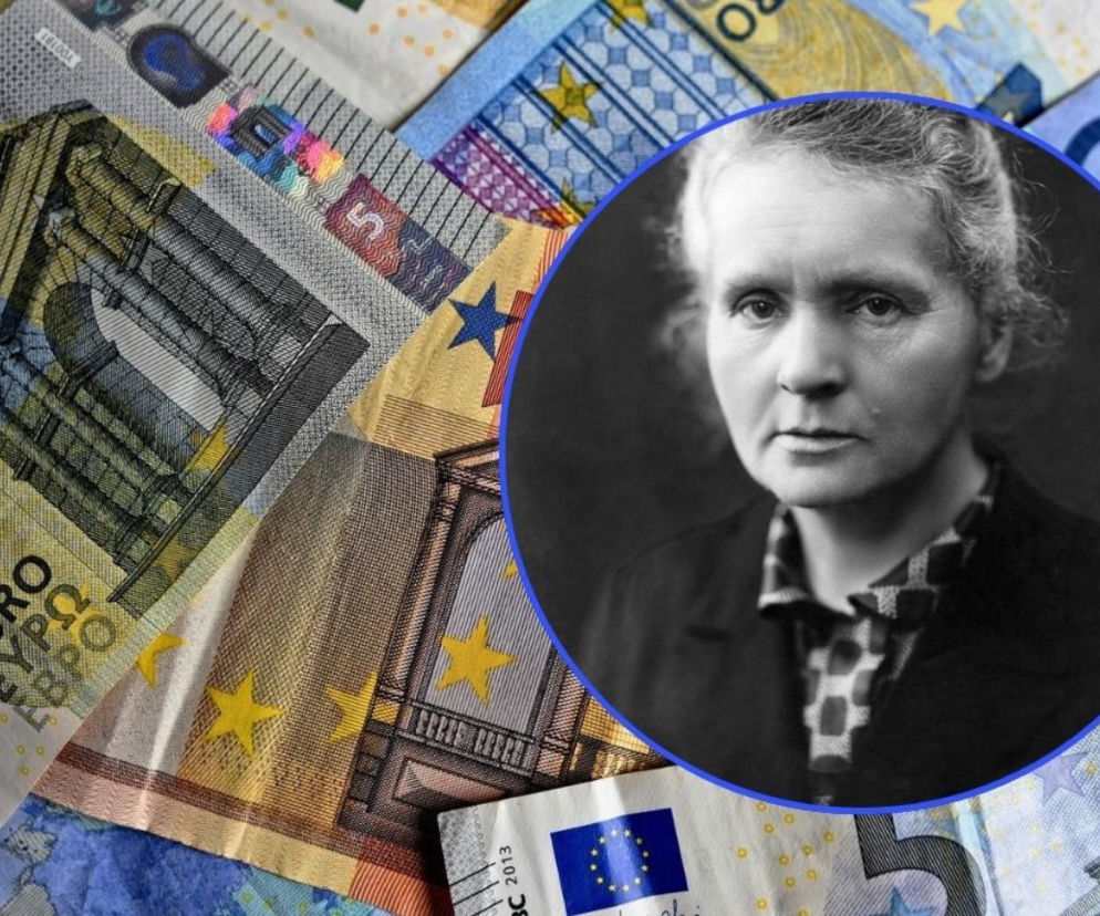 Zgromadzone banknoty euro o nominałach 5, 10 i 20. Na nich okrągłe czarno-białe zdjęcie Marii Skłodowskiej-Curie. Dowiedz się więcej o nowych banknotach euro i polskiej noblistce na Super Biznes.