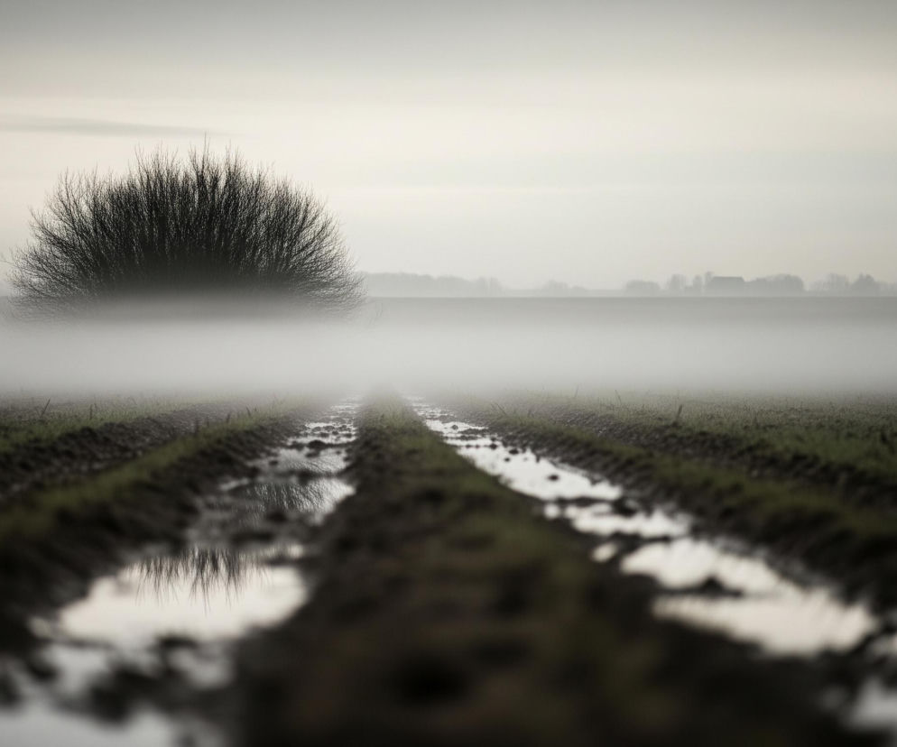 Ścieżka z kałużami, wypełniającymi zagłębienia, biegnie przez pole z niską zieloną roślinnością, zanurzając się w gęstej, białej mgle. W tle, na środku obrazu, z mgły wyłania się pojedyncze, gęste drzewo o ciemnych, cienkich gałęziach. Horyzont jest rozmyty przez mgłę, z konturami odległych drzew i pojedynczego budynku widocznymi na tle jasnego, zachmurzonego nieba.