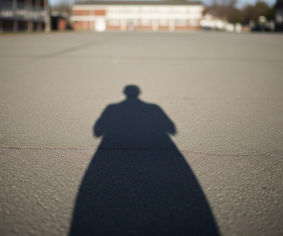 Na pierwszym planie widoczny jest długi, ciemny cień człowieka stojącego w słonecznym miejscu, rozciągający się od dołu kadru w kierunku jego środka. Cień ma wyraźny kształt sylwetki z głową i tułowiem, przypominający postać w płaszczu. Tło stanowi szeroki, płaski obszar asfaltu lub innej szarej nawierzchni, poprzecinany poziomą, cienką linią w lewej części kadru. W oddali, rozmyte i niewyraźne, rysują się budynki z ceglanymi ścianami i białymi elementami architektonicznymi.
