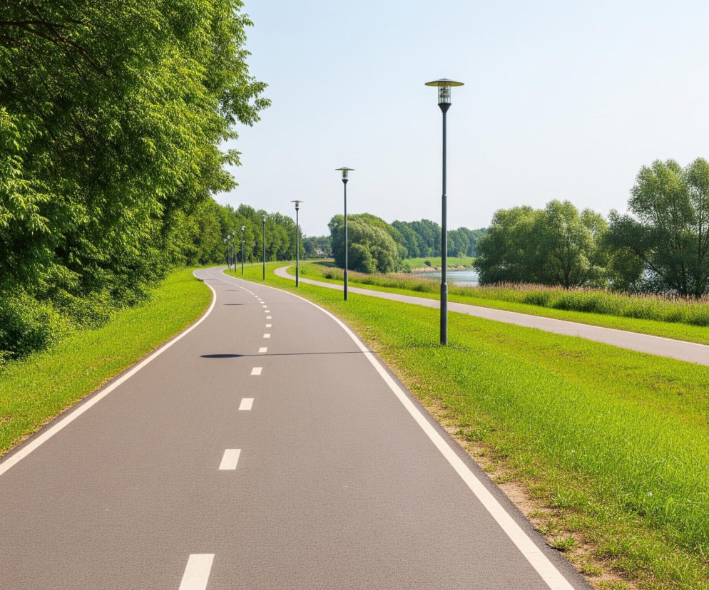 Wzdłuż lewej krawędzi obrazu biegnie ciemnoszara ścieżka pieszo-rowerowa, z białymi, przerywanymi liniami pośrodku oraz ciągłymi białymi liniami po bokach. Ścieżka zakręca delikatnie w prawo w oddali, prowadząc wzrok w głąb kadru. Po lewej stronie ścieżki rozciąga się pas soczyście zielonej trawy, a za nim gęste drzewa o bujnym listowiu, tworzące zieloną ścianę wzdłuż drogi.

Po prawej stronie ścieżki również znajduje się pas zielonej trawy, a dalej równoległa, węższa, jasnoszara ścieżka. Za nią rozciąga się rzeka o spokojnej tafli wody, odbijającej jasne niebo. Na horyzoncie, po drugiej stronie rzeki, widoczne są kolejne drzewa i zielone wzgórza pod jasnym, bezchmurnym niebem.

Wzdłuż głównej ścieżki, po prawej stronie, rozmieszczone są latarnie uliczne z ciemnymi słupami i płaskimi, okrągłymi kloszami. Długie cienie od latarni padają na ścieżkę w kierunku lewej strony, sugerując silne słońce.