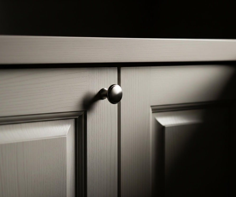 Na zdjęciu widoczne są dwa beżowo-szare fronty szafek lub szuflad, wykonane z drewna o widocznej strukturze słojów. Na środku, na styku dwóch frontów, umieszczona jest okrągła, metaliczna gałka w kolorze srebrnym, która rzuca wyraźny cień po swojej lewej stronie. Górna część mebla to gładki, beżowo-szary blat, a nad nim oraz po prawej stronie szafek panuje ciemny, niemal czarny półmrok, kontrastujący z jaśniej oświetloną lewą częścią obrazu.