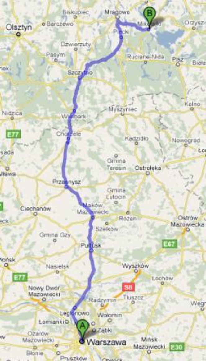 Trasa 57 Warszawa-Mikołajki - mapka