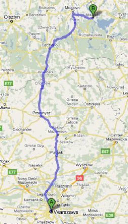 Trasa 57 Warszawa-Mikołajki - mapka