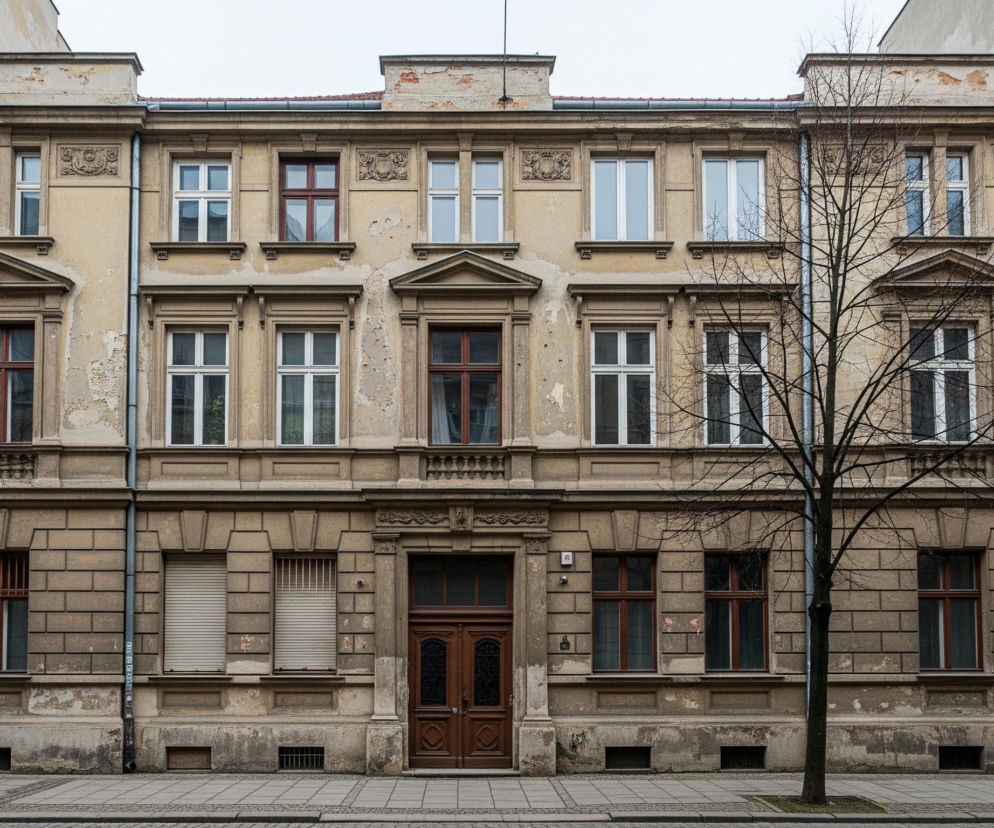 Przedstawiony jest trzypiętrowy budynek mieszkalny o beżowej fasadzie i klasycystycznych zdobieniach, w centrum kadru. Budynek charakteryzuje się licznymi oknami o zróżnicowanych ramach (białych i brązowych) oraz ozdobnymi gzymsami i pilastrami, a na jego froncie widać ślady zużycia i odpadający tynk. Na pierwszym planie, po obu stronach ulicy, rosną bezlistne drzewa z ciemnymi pniami, a w dolnej części kadru znajduje się chodnik z kostki brukowej oraz trawnik z lampą uliczną po lewej stronie. Na elewacji widoczne są również rynny i kraty w niektórych oknach.
