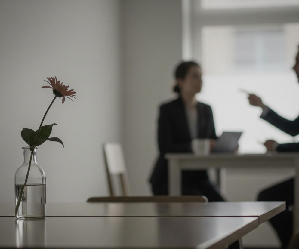Na pierwszym planie, z lewej strony, na drewnianym stole stoi szklana butelka z wodą, w której zanurzona jest różowa gerbera na długiej zielonej łodydze. Kwiat ma rozłożyste płatki i ciemnozielone liście. Tło jest rozmyte, ukazując dwie sylwetki osób w eleganckich strojach siedzących przy drugim stole. Mężczyzna po prawej, w garniturze, wskazuje palcem w kierunku osoby siedzącej naprzeciwko niego, która trzyma w rękach dokumenty lub tablet, a obok niej widać kubek. Pomieszczenie oświetlone jest naturalnym światłem wpadającym przez okna w tle.