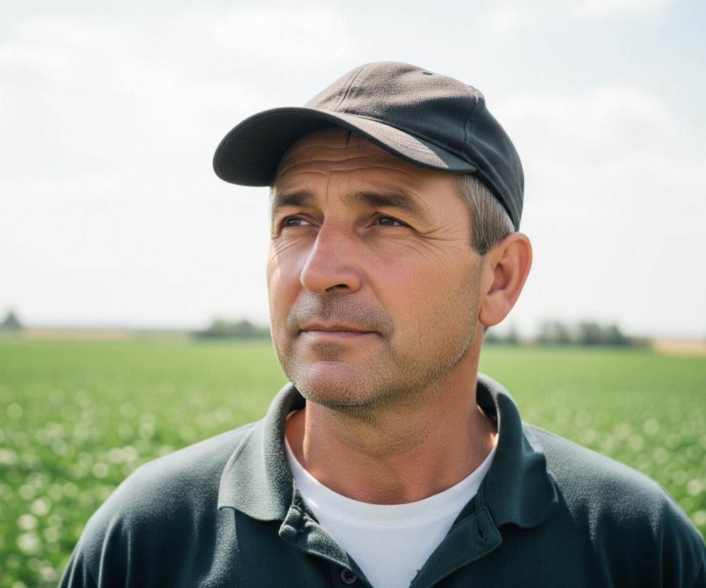 Mężczyzna w średnim wieku, o szpakowatych włosach i ciemnej czapce z daszkiem, patrzy w lewą stronę kadru. Ma na sobie ciemnozieloną koszulkę polo z białym podkoszulkiem widocznym pod spodem. Twarz mężczyzny jest oświetlona, z widocznymi zmarszczkami wokół oczu i na czole. W tle rozciąga się zielone pole z niewyraźnie widocznymi, drobnymi, jasnymi elementami, prawdopodobnie kwiatami, a dalej horyzont z kilkoma drzewami i jasnym, częściowo zachmurzonym niebem.