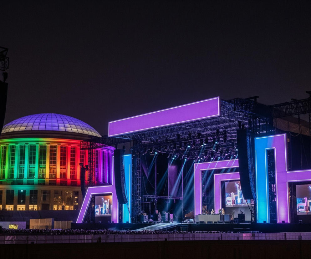 Centralne miejsce na zdjęciu zajmuje duża scena koncertowa o złożonej konstrukcji, oświetlona głównie fioletowymi i niebieskimi światłami. Na scenie widoczne są ekrany wyświetlające abstrakcyjne wzory i zarysy budynków, a w centrum znajduje się strefa dla wykonawców z konsolami DJ-skimi. Po lewej stronie sceny, w tle, wyróżnia się klasycystyczny budynek z kopułą, którego fasada jest podświetlona w kolorach tęczy, przechodzących od czerwieni i pomarańczu po zieleń i błękit, a kopuła świeci na fioletowo. Całość rozgrywa się w nocy, pod ciemnym niebem, a na pierwszym planie widać zarys publiczności i barierek.