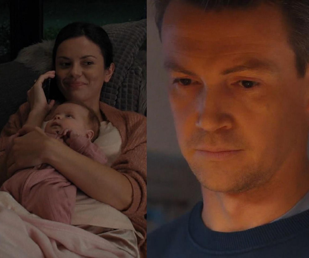 Kasia (Paulina Lasota) z serialu M jak miłość rozmawia przez telefon, tuląc swoje dziecko Zosię, podczas gdy Jakub (Krzysztof Kwiatkowski) z zatroskaną miną myśli o imieniu córki Kasi. Więcej o ich losach na Super Seriale.