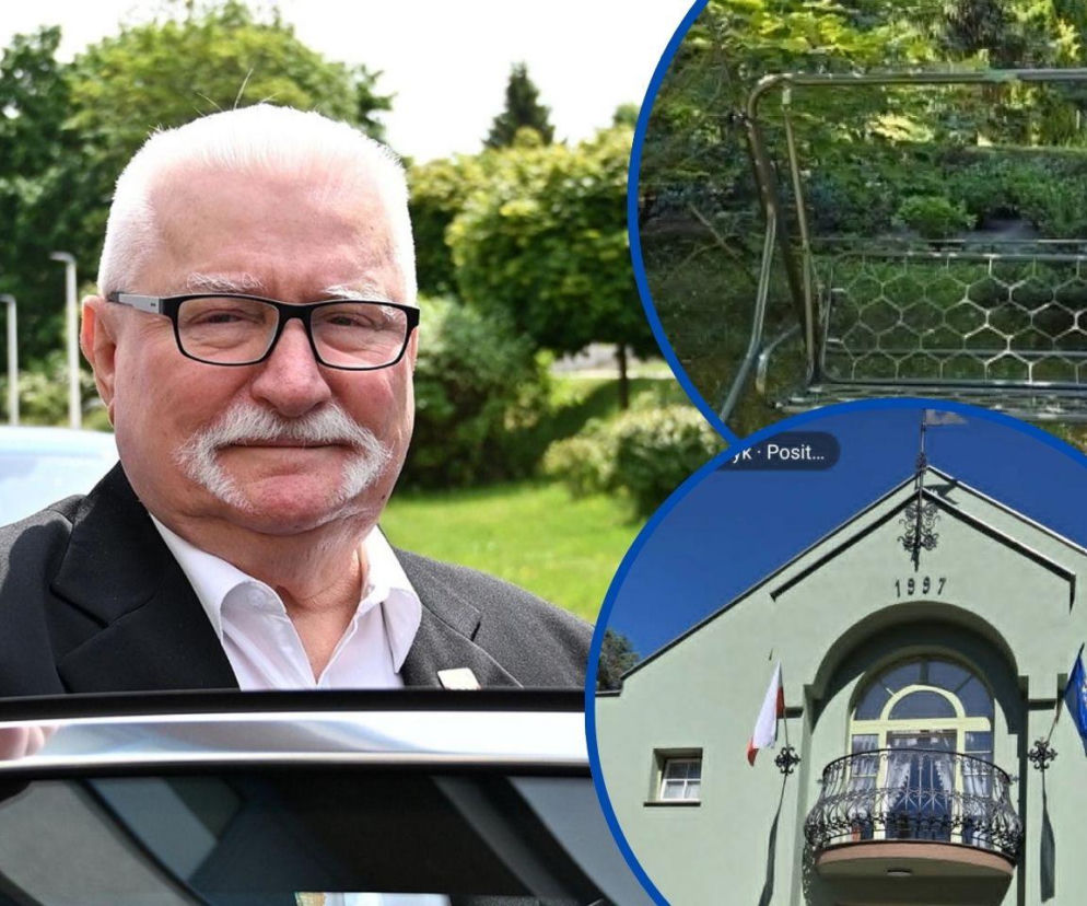 Lech Wałęsa w okularach, z białymi włosami i charakterystycznym wąsem, obok zdjęcia frontowej części jego willi z datą 1997, balkonem i flagami. Widoczna jest też bujana ławka w ogrodzie, co wskazuje na domowe zacisze, o którym przeczytasz więcej na naszym portalu.