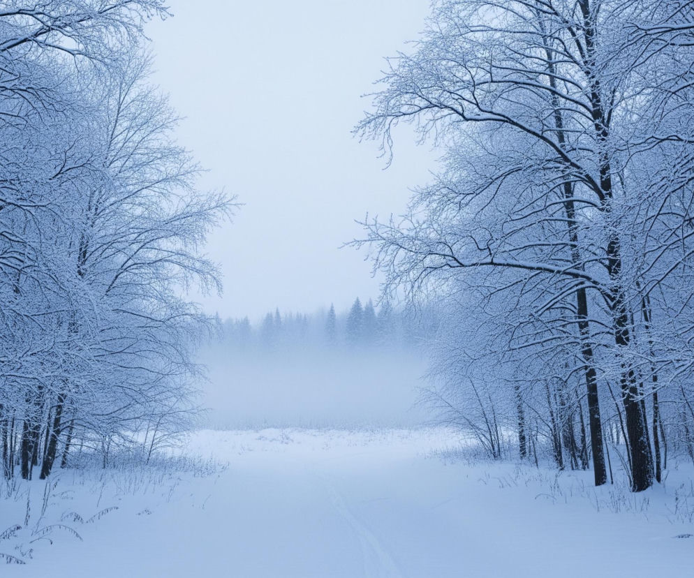 Zasypany śniegiem las rozciąga się w zimowym krajobrazie, z dwoma rzędami drzew o pokrytych szronem gałęziach, które wyznaczają centralną ścieżkę. Śnieg pokrywa pnie drzew, grube gałęzie i drobne gałązki, tworząc jasne, białe kontury na tle ciemnych pni. Śnieżna ścieżka prowadzi w głąb obrazu, gdzie na horyzoncie widoczny jest zamglony las iglasty. Całość tonie w odcieniach bieli, szarości i błękitu, co sugeruje mroźny, pochmurny dzień.
