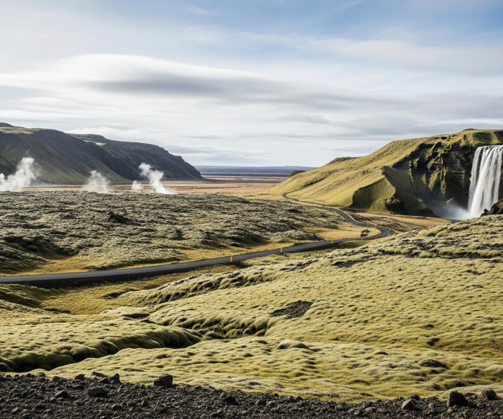 Kaskada wodospadu w prawej części obrazu, opada z wysokiego, trawiastego zbocza. Przed wodospadem i po lewej stronie, dominuje teren pokryty gęstym, jasnozielonym mchem, tworzącym miękkie, pofałdowane formy. Przez środek krajobrazu wije się asfaltowa droga z żółtymi słupkami, biegnąca w stronę odległej, płaskiej doliny. Na lewym horyzoncie, z kilku punktów na ziemi, unoszą się kłęby białej pary, a w tle rozciągają się kolejne zielone wzgórza pod błękitno-szarym niebem z rozproszonymi chmurami.
