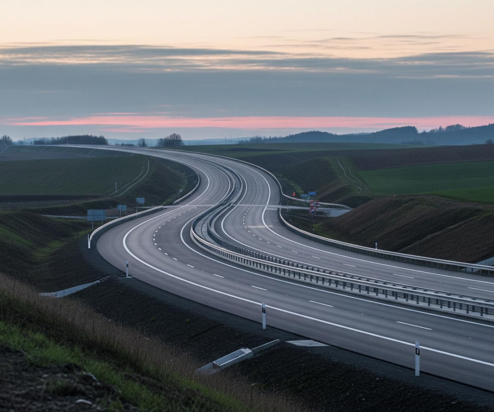 Pusta autostrada z trzema pasami w każdym kierunku, oddzielona barierkami, wije się łagodnym łukiem przez pagórkowaty krajobraz, który wznosi się po obu jej stronach. Nawierzchnia drogi jest ciemnoszara z wyraźnymi białymi liniami, które wpadają w cień w oddali. Po bokach autostrady widoczne są skarpy pokryte ciemnozieloną trawą i brązową ziemią, przechodzące w oddali w zielone pola uprawne. Horyzont zamykają ciemne wzgórza pokryte drzewami, nad którymi rozciąga się niebo o pastelowych barwach, z różowymi smugami chmur tuż nad linią horyzontu.