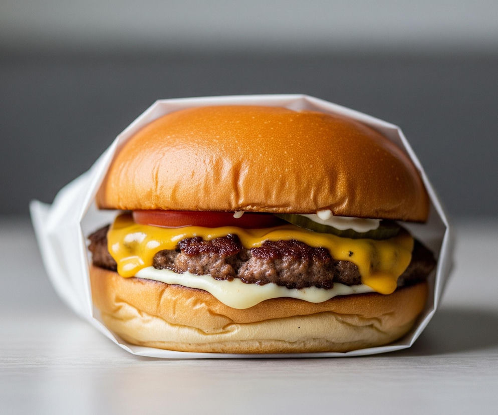 Centralnie umieszczony jest świeżo przygotowany hamburger zawinięty w biały papier. Wypieczona, złocista bułka otacza soczysty kotlet mięsny, na którym widoczne są roztopione plasterki żółtego sera, czerwony pomidor, zielone ogórki kiszone oraz biały sos. Całość leży na jasnym, drewnianym blacie z delikatnymi poziomymi żłobieniami, a tło stanowi rozmyta, szara ściana, nadająca głębi.