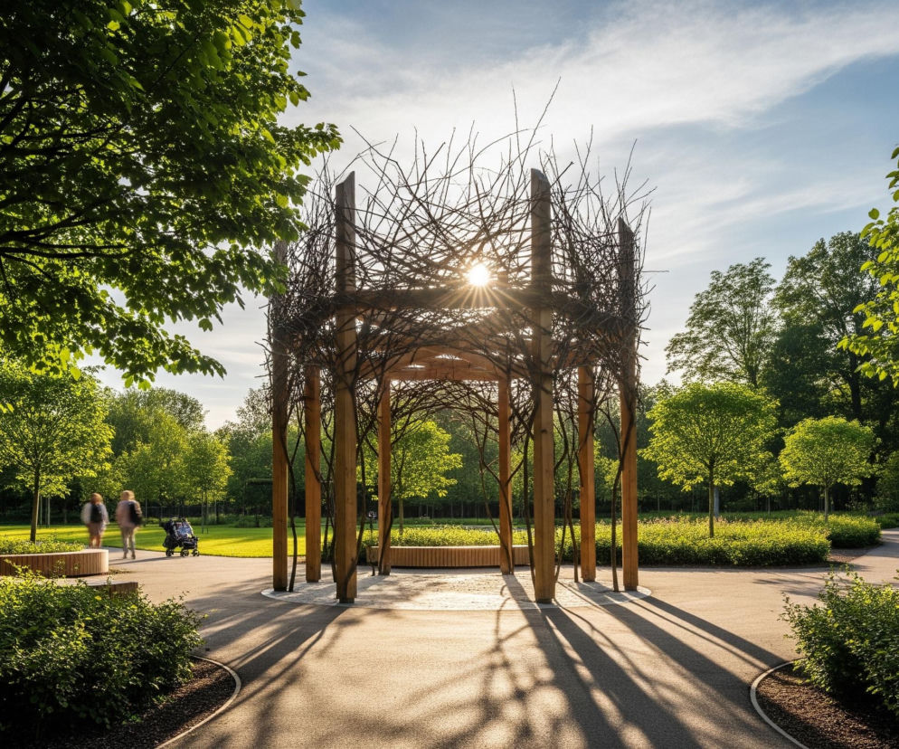 Na pierwszym planie, centralnie, znajduje się struktura przypominająca pawilon, zbudowana z sześciu grubych, drewnianych słupów wspierających kopułowaty dach z przeplatanych, ciemnych gałęzi. Słońce, usytuowane za pawilonem, przebija się przez konstrukcję, tworząc jasne promienie i długie cienie rzucane przez słupy na ścieżkę. Pawilon otoczony jest utwardzonymi ścieżkami, które prowadzą przez zielony park, obsadzony młodymi drzewami o jaskrawozielonych liściach oraz niskimi krzewami. W tle widoczni są ludzie spacerujący, a niebo jest częściowo zachmurzone, z jasnymi smugami chmur.
