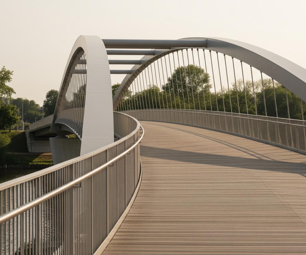 Nowoczesny most o konstrukcji łukowej dominuje w centrum kadru, jego jasnoszare przęsła tworzą elegancką krzywą. Drewniana nawierzchnia mostu, ułożona z poziomych desek, skręca lekko w prawo, a po jej lewej stronie biegnie metalowa balustrada złożona z pionowych prętów i dwóch poziomych poręczy. Duże, zielone drzewa rosnące wzdłuż rzeki są widoczne po obu stronach mostu, odbijając się w ciemnej wodzie po lewej. Jasne, jednolite niebo wypełnia górną część obrazu.