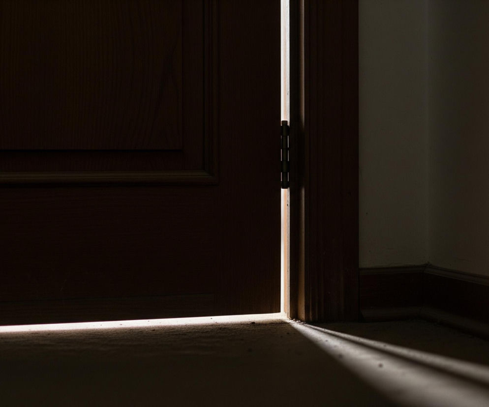 Drewniane, ciemnobrązowe drzwi uchylone są nieznacznie, ukazując szczelinę jasnego światła po prawej stronie. Promień światła przechodzi również pod drzwiami, rzucając wydłużony, ostry cień na podłogę po prawej stronie, obok framugi drzwi. Ściana po prawej stronie jest jasnoszara, a w dole widać ciemną listwę przypodłogową, tworzącą ciemniejszy pas.