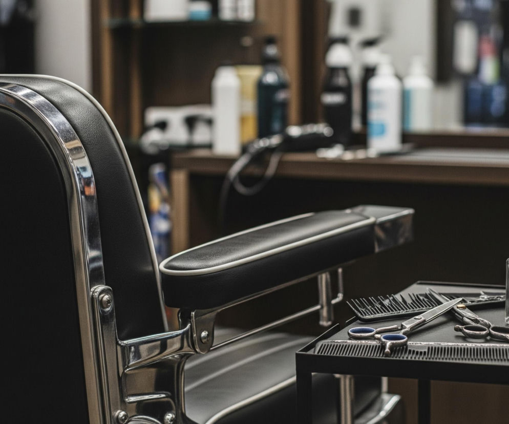 Czarne, tapicerowane skórzane krzesło fryzjerskie z chromowanymi elementami, wykończone białymi lamówkami, zajmuje lewą stronę kadru. Obok niego, na małym czarnym stoliku, leżą nożyczki, grzebienie oraz flakon z przezroczystym płynem w dolnej części i czarną zakrętką. W tle, na brązowej drewnianej półce, widać rozmyte butelki z różnymi kosmetykami. Całe ujęcie jest oświetlone ciepłym, miękkim światłem.