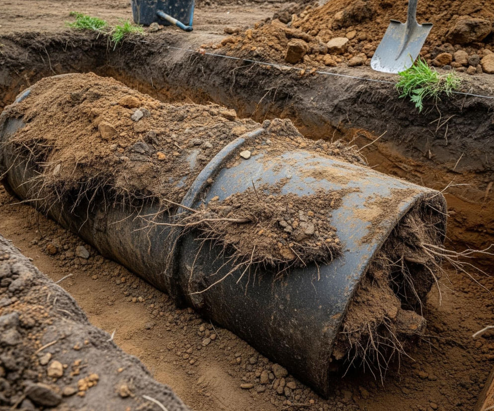 Wykopany rów w ziemi zajmuje centralną część obrazu, ukazując długą, ciemnoszarą rurę częściowo zasypaną brązową ziemią. Rura pokryta jest warstwą piasku i drobnych korzeni roślin, a na jej powierzchni widać również mniejsze kamienie. Po bokach rowu leżą dwie szpadle, a nad nim po prawej stronie widać hałdę świeżo wykopanej ziemi. W tle po lewej stronie znajduje się również ciemnoniebieskie wiadro z elementem wystającym z boku.