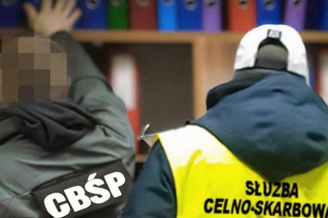 Funkcjonariusze CBŚP i Służby Celno-Skarbowej w akcji przeciwko grupom przestępczym wyłudzającym VAT. Na zdjęciu widać służby zatrzymujące osobę. Więcej o operacji rozbicia gangu faktur znajdziesz na Super Biznes.