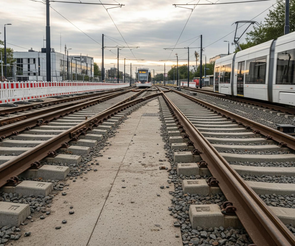 Cztery rzędy szyn kolejowych biegną równolegle przez centralną część kadru, rozchodząc się w oddali; dwa z nich z prawej strony są aktywnie używane przez jadący biały tramwaj. Szyny spoczywają na betonowych podkładach i otoczone są szarym żwirem oraz piaskiem, który wypełnia przestrzeń między torami. Po lewej stronie torów, za biało-czerwonymi barierkami, widać ogrodzenie budowlane i fragmenty budynków w oddali, a także zielone drzewa. Horyzont dominuje zachmurzone niebo z przebijającymi się promieniami słońca, szczególnie widocznymi w prawej, górnej części obrazu.