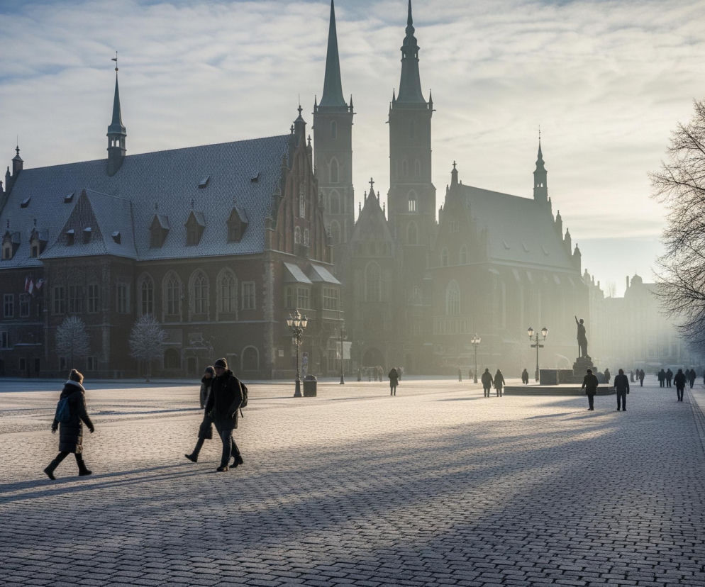 Rozległy brukowany plac pokryty szronem zajmuje większą część kadru. Na pierwszym planie, po lewej stronie, para osób idzie w prawo, rzucając długie cienie w kierunku obserwatora. W centrum, na horyzoncie, dominują dwie strzeliste wieże o spiczastych dachach, otoczone mglistym, jasnym światłem, które rozświetla niebo. Po prawej stronie kadru widoczne jest nagie drzewo z gałęziami pokrytymi szronem oraz zarysy budynków i sylwetki kolejnych przechodniów.