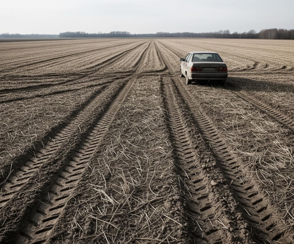 Na obrazie dominuje rozległe, brązowe pole uprawne pokryte resztkami roślinnymi i widocznymi śladami kół pojazdów. W oddali, na horyzoncie, stoi rząd ciemnozielonych drzew, tworząc wyraźną linię pod jasnym, zachmurzonym niebem. Po prawej stronie, w połowie kadru, stoi szary samochód osobowy, zwrócony tyłem w stronę obserwatora, pozostawiając za sobą szerokie koleiny.