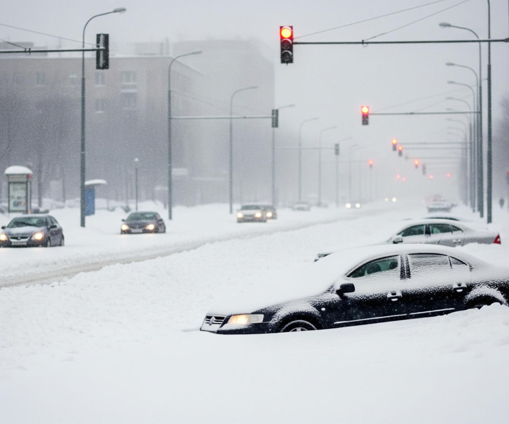 Czarny samochód osobowy, częściowo zasypany śniegiem, stoi na poboczu pokrytej śniegiem ulicy w środku zimowego dnia. Z przodu pojazdu, na masce, leży gruba warstwa białego puchu, a jego przednie reflektory są włączone, emitując ciepłe, żółte światło. Na dalszym planie, po obu stronach ulicy, widoczne są inne samochody oraz szereg słupów z sygnalizacją świetlną, z których niektóre świecą na czerwono. W tle, przez gęsto padający śnieg, majaczą niewyraźne zarysy budynków mieszkalnych, a cała scena jest zdominowana przez odcienie bieli i szarości.