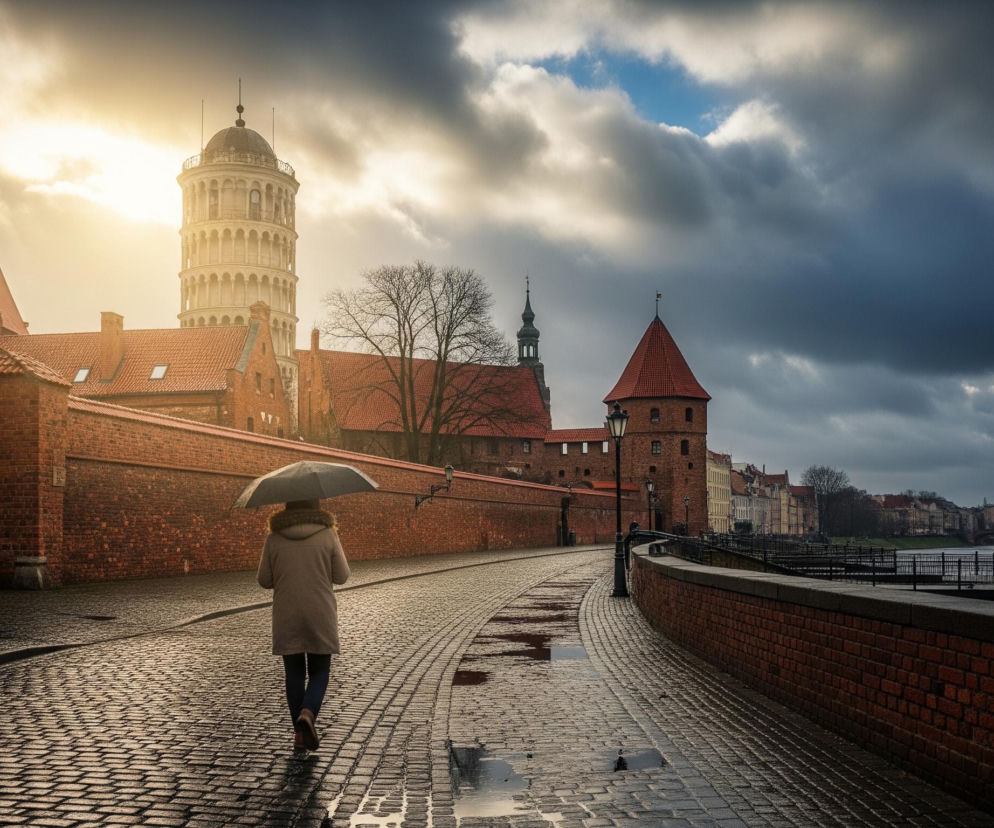 Osoba idąca ulicą z parasolem w dłoni dominuje w centrum obrazu, kierując się w stronę jasnego słońca po lewej stronie, rzucającego długie cienie na mokrą, brukowaną drogę. Ulica biegnie wzdłuż wysokiego, ceglanego muru po lewej, za którym widoczne są ceglane budynki i wysoka, biała wieża z kopułą. Po prawej stronie wzdłuż ulicy ciągnie się niższy ceglany mur, a za nim płynie rzeka, na której odbijają się zarysy miasta i drzew. Niebo jest częściowo zachmurzone ciemnymi chmurami po prawej stronie, przechodząc w jaśniejsze odcienie na lewo, gdzie przebija się światło słoneczne.
