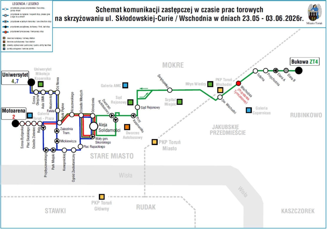 Zamknięcie skrzyżowania Wschodnia/Skłodowskiej-Curie w Toruniu. Zmiany w ruchu i komunikacji
