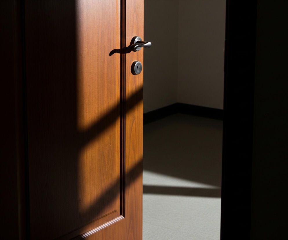 Uchylone drewniane drzwi w kolorze ciepłego brązu zajmują lewą i centralną część kadru. Na ich powierzchni, w górnej części, widoczna jest czarna metalowa klamka oraz okrągły otwór zamka. Przez uchylone drzwi wpada światło, tworząc wyraźne, geometryczne cienie na ich powierzchni oraz na jasnoszarej podłodze, z czarnymi listwami przypodłogowymi. Prawa strona zdjęcia tonie w głębokim cieniu, pozostawiając tylko fragment ściany w oddali, która jest częściowo oświetlona.