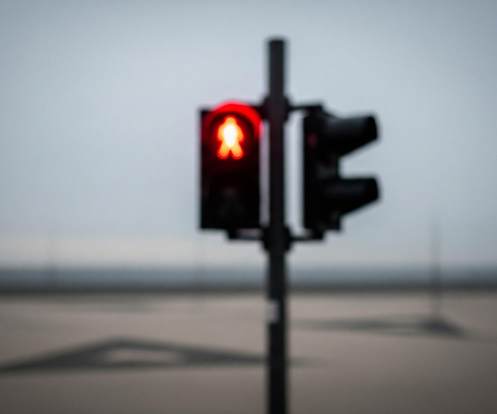 W centrum obrazu znajduje się rozmyty, czarny sygnalizator świetlny dla pieszych, zamontowany na pionowym słupku. Świeci się w nim czerwony, nieostry kształt sylwetki stojącego człowieka. Po prawej stronie sygnalizatora widoczny jest również rozmyty, czarny sygnalizator drogowy. Tło stanowi zamglone, jasnoszare niebo u góry oraz niewyraźna, ciemniejsza przestrzeń przypominająca nawierzchnię drogi z rozmytymi, ciemnymi kształtami u dołu.