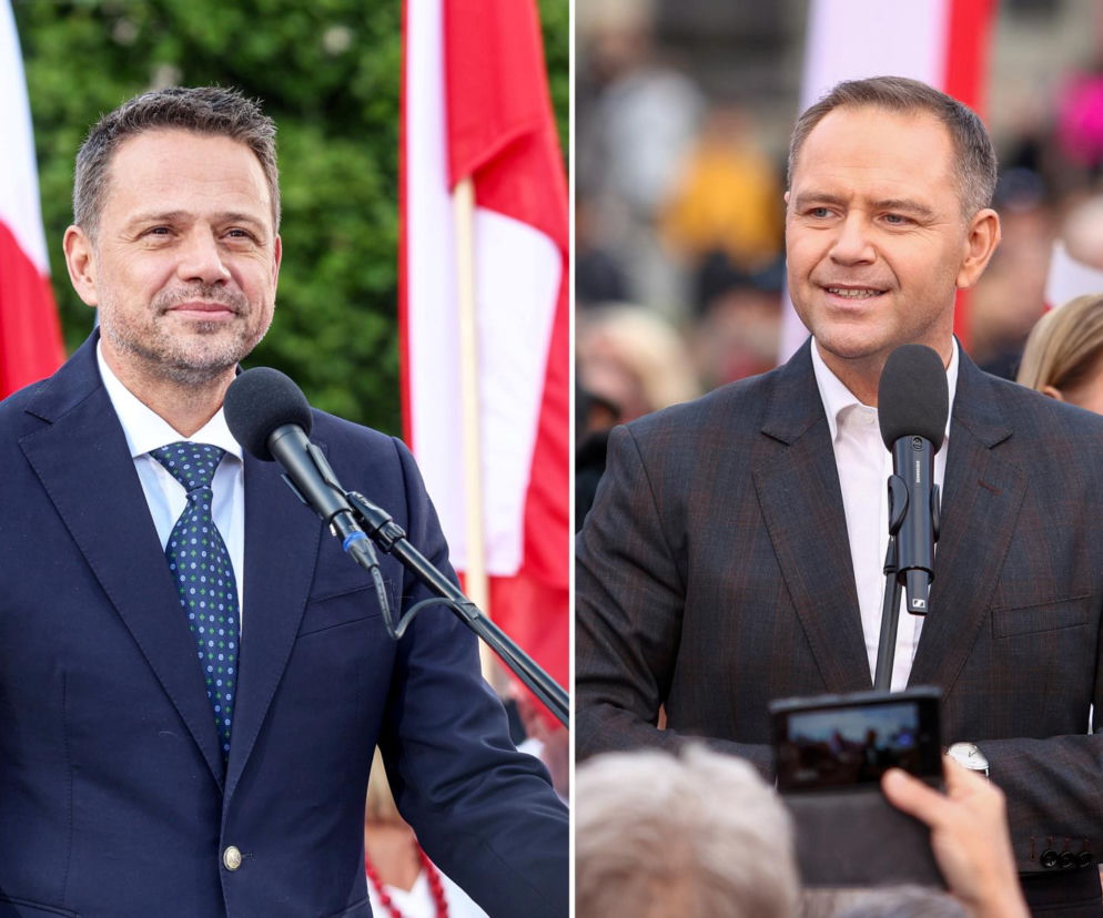 Rafał Trzaskowski i Karol Nawrocki przy mikrofonach. O zamianie głosów w Krakowie przeczytasz na SE Polityka.