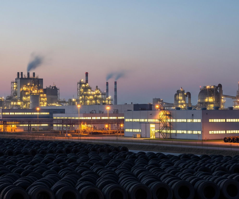 Na pierwszym planie rozciąga się obszerne pole ciemnych opon, ułożonych w rzędach, z których większość jest widoczna od boku. W tle dominuje kompleks przemysłowy oświetlony licznymi, ciepłymi, żółtymi światłami, co sugeruje noc lub wczesny świt. Liczne kominy emitują smugi dymu, a niektóre mają czerwone światła na szczytach. Niebo nad fabryką ma gradientowe barwy, od jasnego błękitu u góry do delikatnego różu i fioletu bliżej horyzontu.