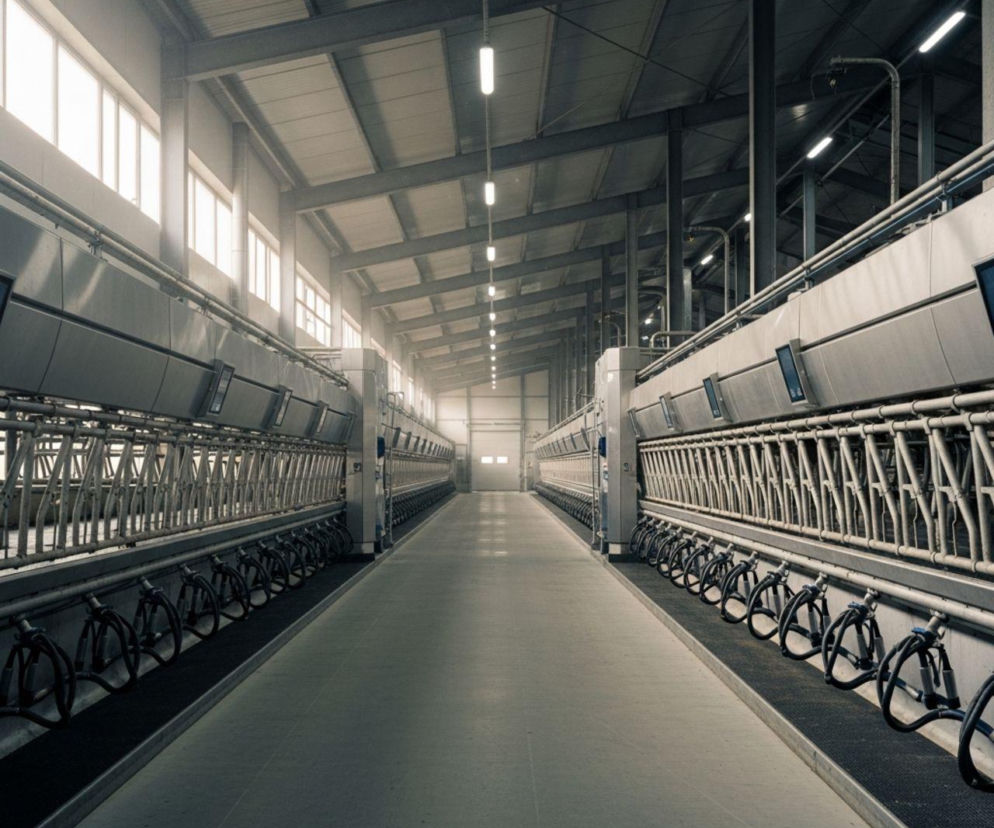 Wnętrze nowoczesnej obory z rzędami boksów, wyposażonej w systemy pojenia i oświetlenie LED. Widoczne okna zapewniają światło dzienne. Dowiedz się, jak modernizacja obory obniża koszty i zwiększa wydajność hodowli na Super Biznes.