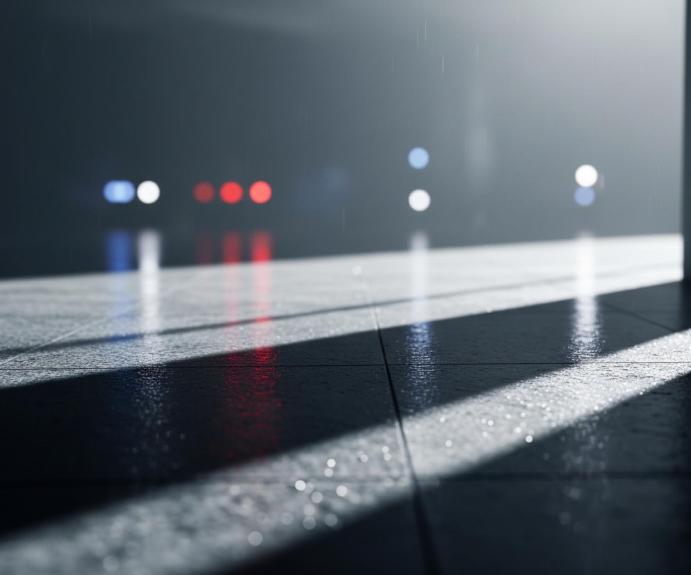 Ciemną scenę zewnętrzną podczas deszczu. Na pierwszym planie widoczna jest mokra, szara nawierzchnia z wyraźnie zaznaczonymi fugami, pokryta licznymi kroplami wody, które odbijają światło. Na podłożu padają długie, ostre cienie równoległe do kadru, tworząc kontrastowe pasy jasnych i ciemnych obszarów. W tle rozmyte, kuliste światła w kolorach czerwonym, białym i niebieskim odbijają się na mokrej powierzchni, a w górnej części widać opadające smugi deszczu. Z prawej strony kadru widać pionowy fragment struktury, być może ściany lub filaru, który częściowo zasłania tło i rzuca jeden z cieni.